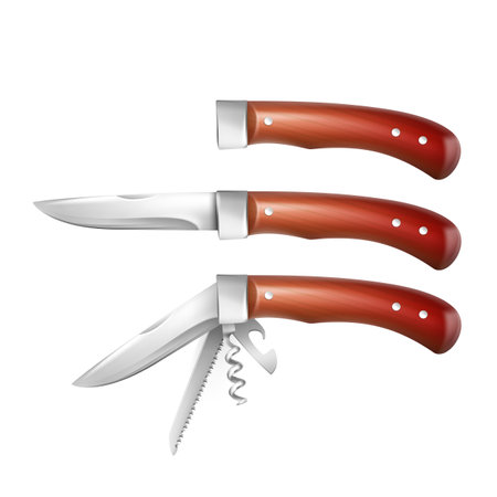 Vector set of clasp-knives with wooden handles top view isolated on white backgroundのイラスト素材