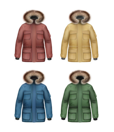 Vector set of brown, yellow, green, blue sport winter coats with fur hood front view isolated on white backgroundのイラスト素材