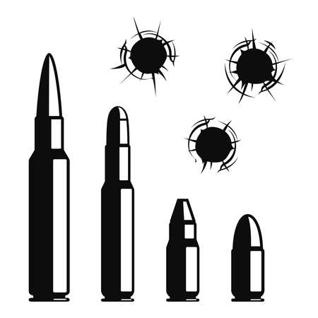 Vector bullet holes set. Violence and crime, gunshot and military, hit and ammunition illustrationのイラスト素材