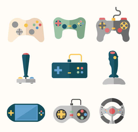 Joystick flat icons set. Play gaming, console and button, player and game. Vector illustrationのイラスト素材