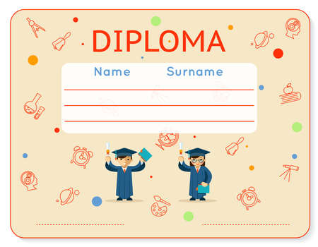 Vector school kids diploma certificate. Education and gift, award and graduation, girl and boyのイラスト素材