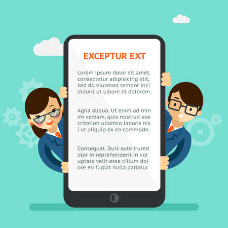 Mobile app presentation. Man and woman in costume, look out for the touchscreen phone. Vector illustrationのイラスト素材