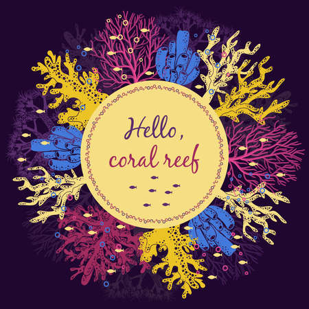 Coral reef invitation card template. Ocean and water, underwater and marine, vector illustrationのイラスト素材