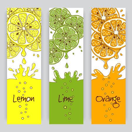 Vertical vector banners with citrus fruit. Lemon, lime and orange juiceのイラスト素材