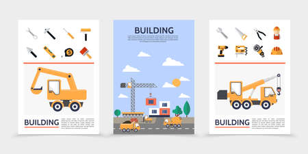 Flat building industry posters with builder construction vehicles repair tools and equipment isolated vector illustrationのイラスト素材