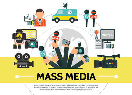 Flat mass media concept with photo video cameras microphones news car flash usb drive reporter radio tower journalists hands holding professional devices vector illustrationのイラスト素材