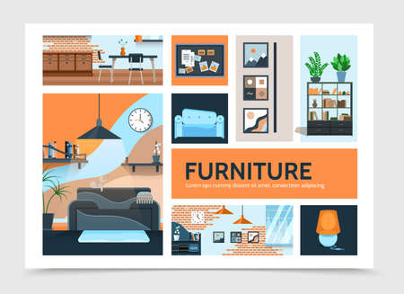 Flat home interior infographic template with furniture pictures lamp cupboard table chairs plants clock modern brick wall design vector illustrationのイラスト素材
