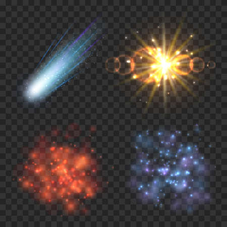 Space stars, comet and explosion on transparence checkered background. Star light, explosion comet, star galaxy, nebula and explosion meteor illustrationのイラスト素材