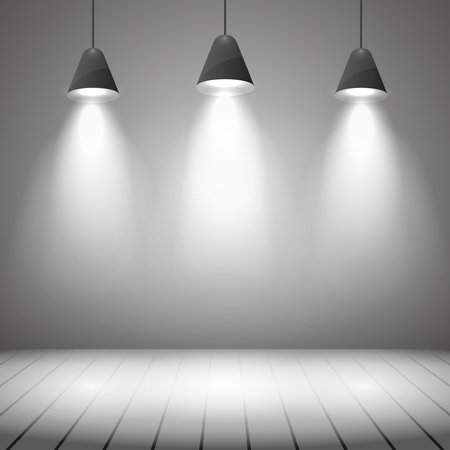 Studio interior with white wall and spot illumination. Projector, realistic clear, highlight and floor, vector illustrationのイラスト素材