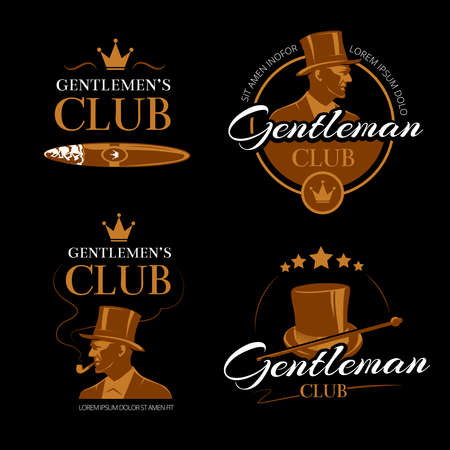 Pipe mens club vector gentlemen logos set. Classic vogue, logotype face, male portrait illustrationのイラスト素材