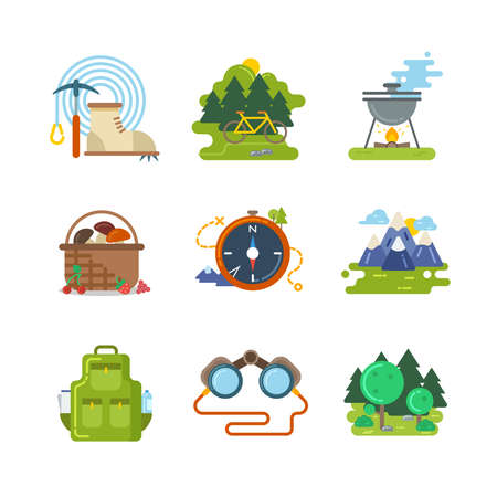 Flat camping outdoor vector icons. Travel activity, equipment and adventure illustrationのイラスト素材
