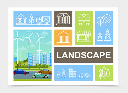 Flat city landscape composition with modern buildings wind turbines cars moving on road trees tram truck houses linear icons vector illustrationのイラスト素材