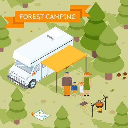 Family isometric forest camping. Dad mom daughter and son rest in nature. Vector illustrationのイラスト素材