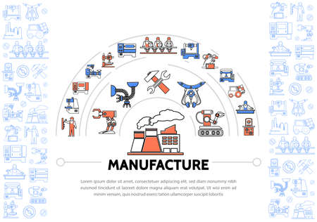 Production colorful line icons template with industrial equipment machineries factory wrench hammer conveyor belt robotic arms engineer forklift vector illustrationのイラスト素材