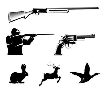 Hunting vector elements for vintage labels and emblems. Deer and gun, hunt sport, pistol or revolver, wildlife and rifle illustration