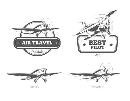 Aviation badges logos and emblems labels. Aircraft and plane, pilot and travel, vector illustrationのイラスト素材