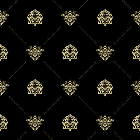 Golden royal baroque vintage seamless pattern. Black wallpaper with lines and flowersのイラスト素材