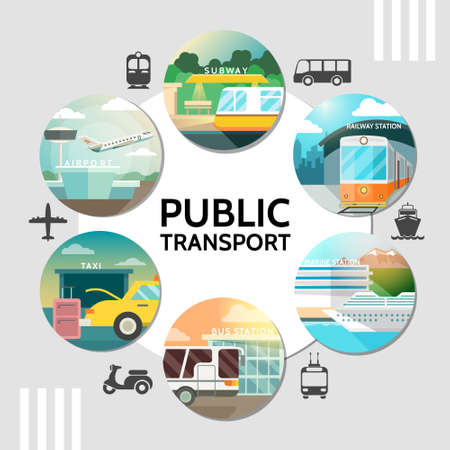 Flat public transport round concept with airplane subway train cruise ship bus taxi scooter tram isolated vector illustrationのイラスト素材