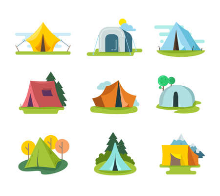 Tourist tents vector set in flat style. Recreation adventure, equipment for vacation outdoor, tourism activity illustrationのイラスト素材