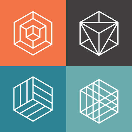 Hexagon vector logos in outline linear style. Logo hexagon, abstract hexagon,  geometric logo hexagon illustrationのイラスト素材