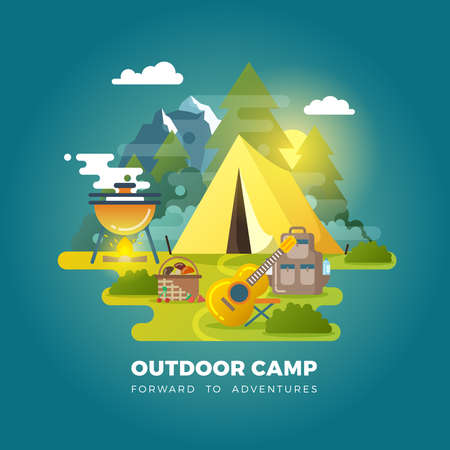 Vector camping background with tourist tent. Camping outdoor, travel camp, tourism camp with tent illustrationのイラスト素材