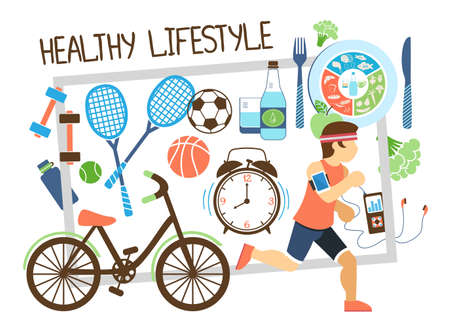 Flat active lifestyle composition with running man bicycle rackets balls healthy food clock in frame vector illustrationのイラスト素材