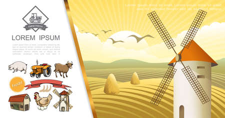 Retro farm colorful concept with hand drawn animals tractor wheat ears barn and mill on rural field landscape with bales of hay vector illustrationのイラスト素材