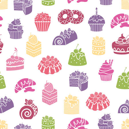 Cakes and sweets seamless pattern background. Dessert and food, cream and bakery, vector illustrationのイラスト素材
