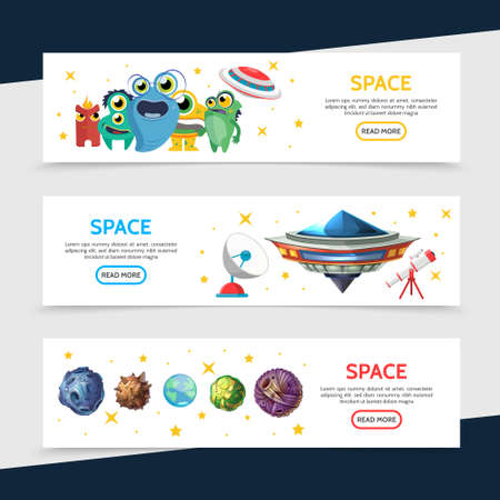 Space horizontal banners with cute funny extraterrestrial monsters ufo spaceship telescope satellite dish planets asteroids meteors stars in cartoon style vector illustrationのイラスト素材