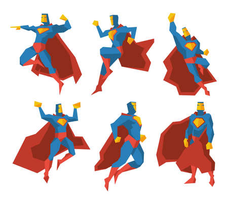 Superhero silhouettes vector character set. Super power, strength polygonal multi-faceted man illustrationのイラスト素材