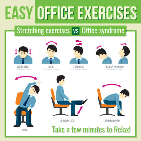 Office exercises with businessman character. Relax exercise, infographic health exercise, man head turn exercise. Vector illustration infographicのイラスト素材