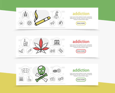Bad habits horizontal banners with cigarette hookah marijuana tobacco leaves mushrooms drink tubes drugs syringes skull gambling money line icons vector illustrationのイラスト素材