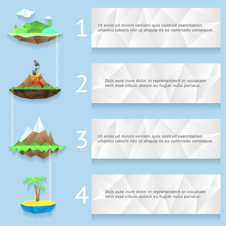 Low poly islands with steps and numbers infographics. Landscape and environment,  palm and ladder, volcano and travel, vector illustrationのイラスト素材