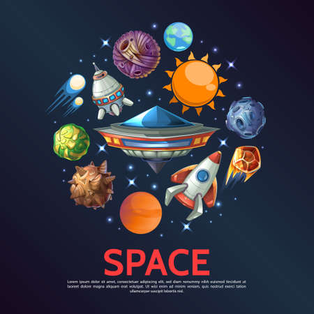 Cartoon space round concept with Earth planet meteors asteroids comets stars spaceships sun ufo isolated vector illustrationのイラスト素材