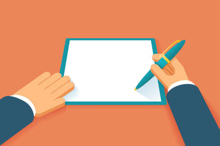 Hands sign contract. Agreement paper document, petition or pact, agree license, legal paperwork, vector illustrationのイラスト素材