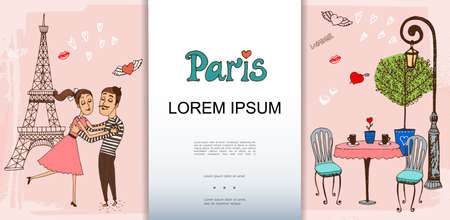 Hand drawn Paris template with couple of lovers Eiffel Tower winged hearts table chairs pole plant on pink background vector illustrationのイラスト素材