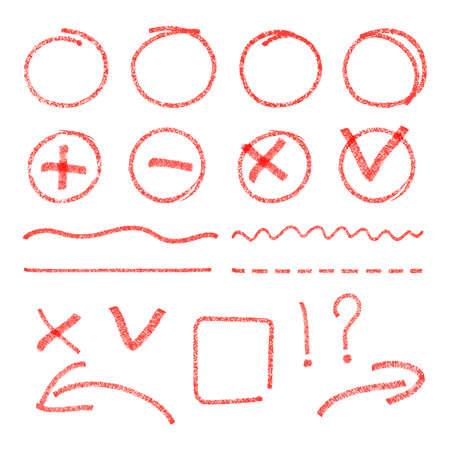 Vector red highlight elements. Circles, arrows, check marks, cross signs. Exclamation and question, line drawing, marker illustrationのイラスト素材