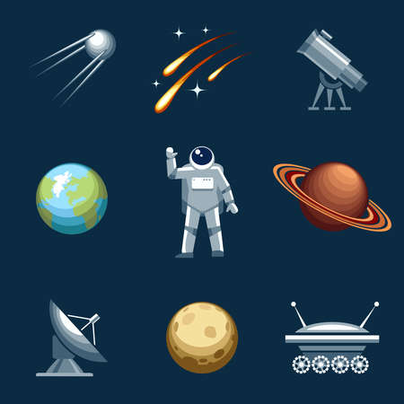 Space and astronomy set. Astronaut and spacesuit, cosmonaut and comet, moonwalker and telescope. Vector illustrationのイラスト素材