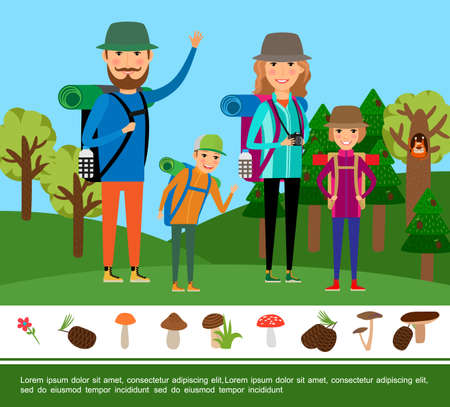 Flat outdoor summer adventure concept with happy family on forest landscape mushrooms cones flower vector illustrationのイラスト素材