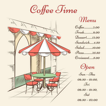 Vector street cafe poster. City and architecture, outdoor menu, town and tourismのイラスト素材