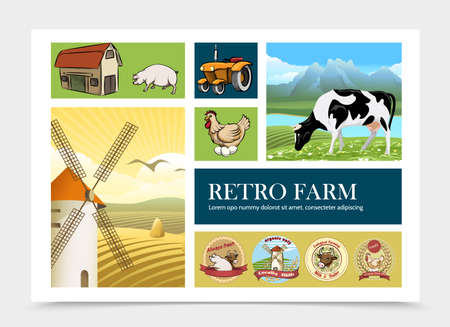 Hand drawn retro farm composition with pig chicken tractor barn windmill cow grazing on field and colorful farming labels vector illustrationのイラスト素材
