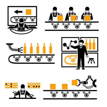 Factory production process icons set. Technology machine, process industrial, manufacturing work, vector illustrationのイラスト素材