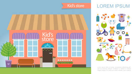 Flat kids store colorful concept with shop facade children toys food clothes and different accessories vector illustrationのイラスト素材
