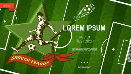 Soccer league colorful template with player kicking ball on football field top view background vector illustrationのイラスト素材