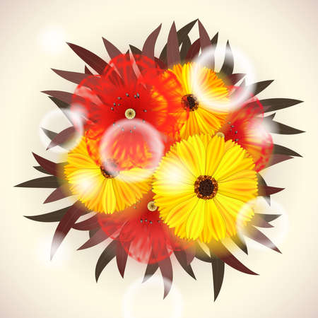 Vector Bright Bouquet of red and yellow Flowers. EPS10 opacityのイラスト素材