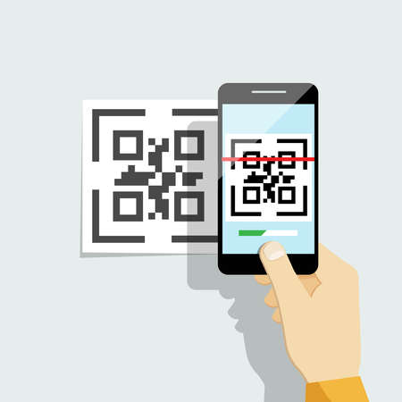 Capture QR code on mobile phone. Digital technology, information barcode, symbol electronic scan. Vector illustrationのイラスト素材