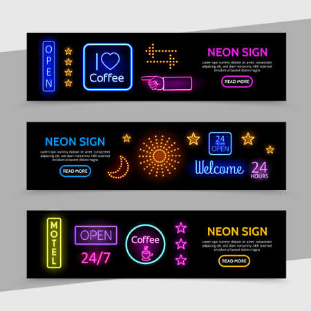 Advertising neon signs horizontal banners with bright frames colorful inscriptions arrows light stars moon sparkles glowing indicating hand coffee cup vector illustrationのイラスト素材