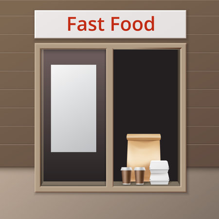 Vector Cafe Take Away Window with Lunch Bag Carton, Burger Containers and Brown Paper Cardboard Cups For Coffeeのイラスト素材