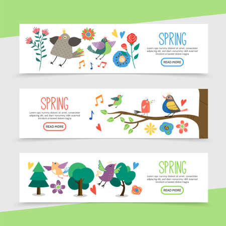 Flat hello spring horizontal banners with beautiful flowers music notes cute birds sitting on tree branches and flying in forest vector illustrationのイラスト素材