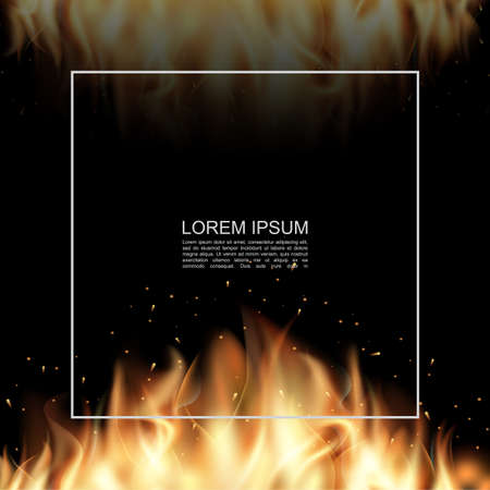 Realistic fire burning poster with frame for text and hot bright flame on dark background vector illustrationのイラスト素材